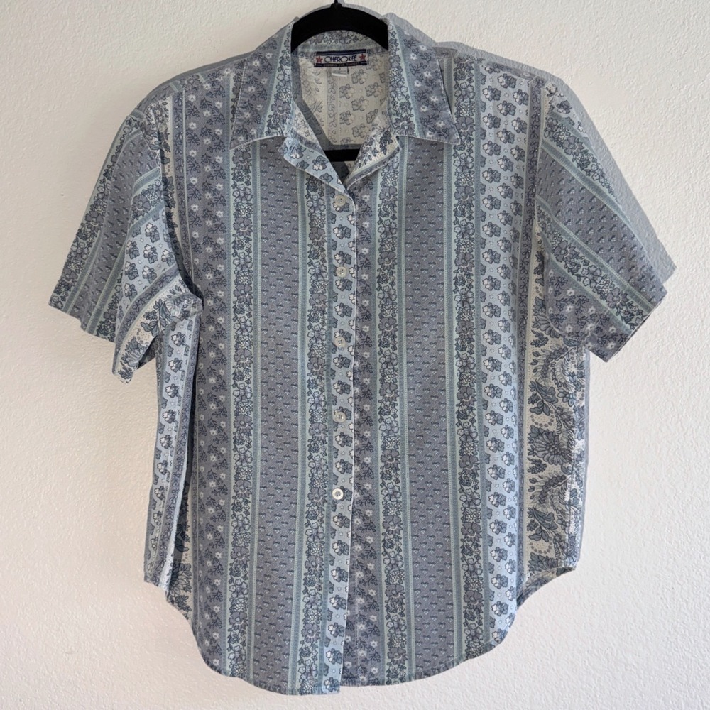 Vintage Cherokee Blue Floral Stripe Button Up Shirt Cotton Shoulder Pads Small